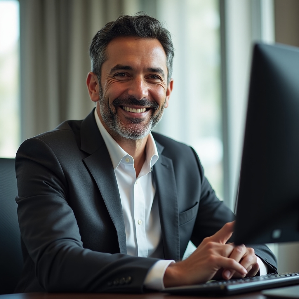 Executive speaking confidently during a professional video call from a home office