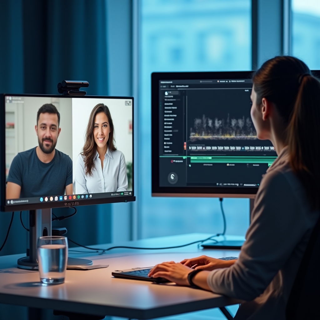 Coach and professional reviewing on-camera recording during a virtual coaching session with screen visible