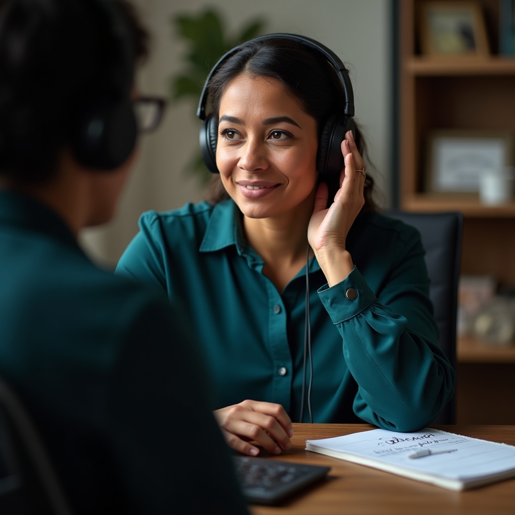 Professional woman receiving voice coaching feedback during a virtual session with attentive expression